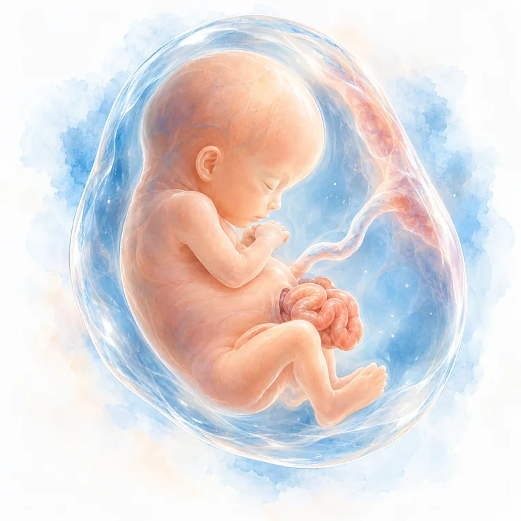 Ilustración de un bebé en el vientre con una parte del intestino fuera del abdomen.